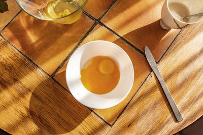 High angle view of breakfast served on table