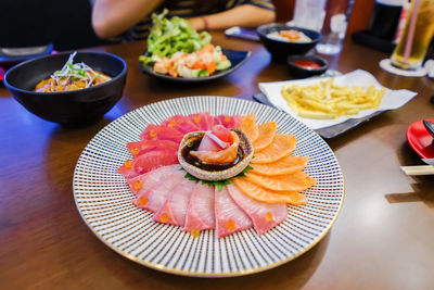 High angle view of food in plate on table