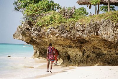 Rear view of man walking on shore