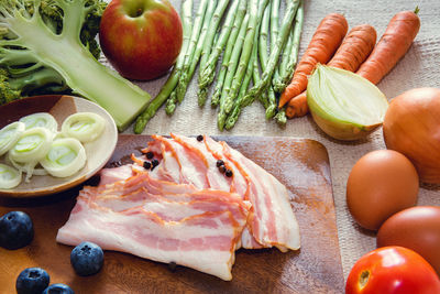 High angle view of chopped fish on table