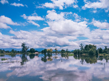 Reflection of trees in lake against sky