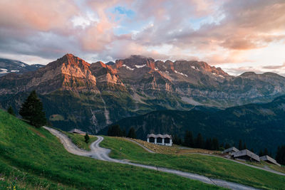 Scenic view of mountains against sky during sunset