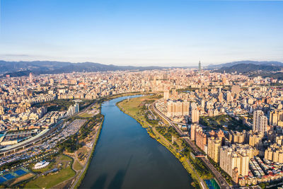 High angle view of city against sky