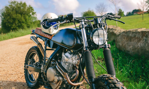 Custom motorcycle parked on the road
