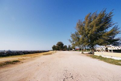 Road amidst trees on field against clear blue sky