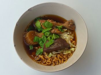 High angle view of soup in bowl on table