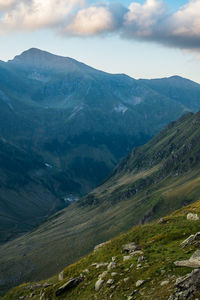 Scenic view of rocky mountains against sky, fagaras mountains, romania