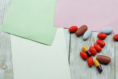 High angle view of candies on table