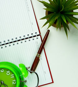 High angle view of pen with book and potted plant on table