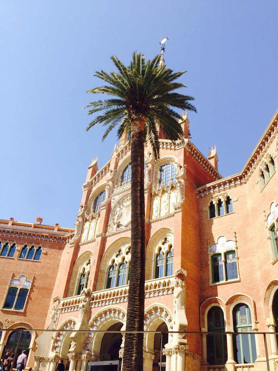 architecture, building exterior, built structure, clear sky, low angle view, arch, blue, history, travel destinations, famous place, palm tree, religion, facade, travel, tourism, sunlight, place of worship, city, tree, day