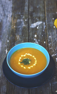 High angle view of soup in bowl on table