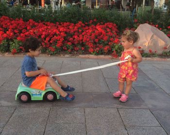 Siblings playing with toy car on footpath