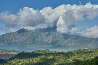 Scenic view of sea and mountains against sky