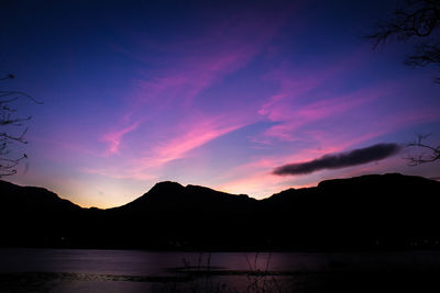 Silhouette of mountain against cloudy sky at sunset