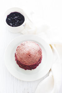 High angle view of cake in plate on table