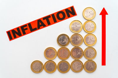 Close-up of coins on white background