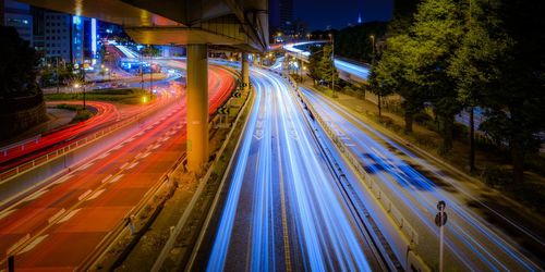 Light trails on road at night