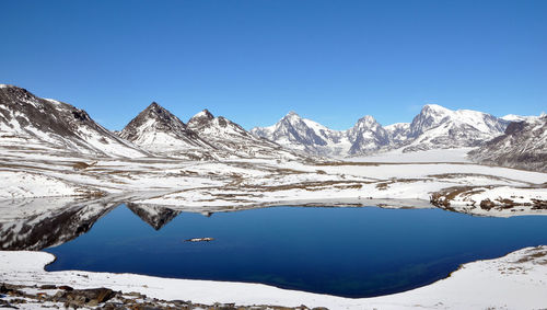 Scenic view of snowcapped mountains against clear blue sky