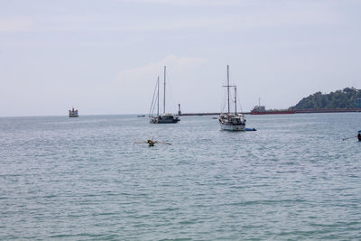 Sailboats sailing in sea against sky