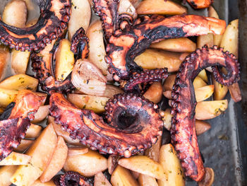 High angle view of food on barbecue grill