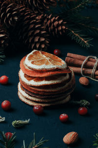 Close-up of christmas decorations on table