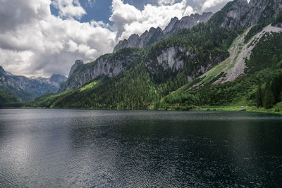 Scenic view of lake and mountains against sky