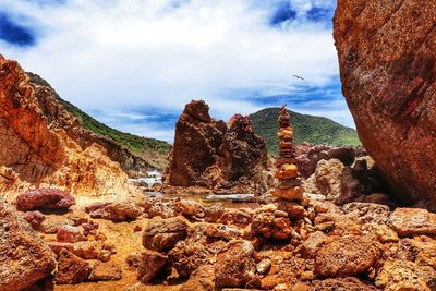 View of rock formations against cloudy sky