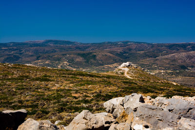 Scenic view of landscape against clear blue sky