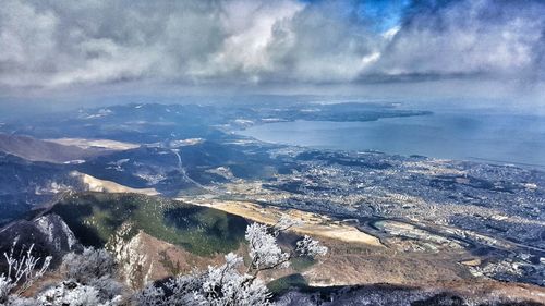 Aerial view of snowcapped mountains against sky