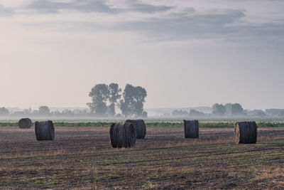 Hay bales on field against sky