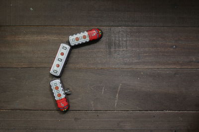 Directly above shot of toy train on wooden table