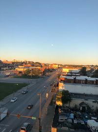 High angle view of city street against clear sky