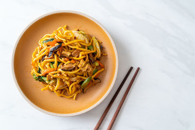 High angle view of food in bowl on table