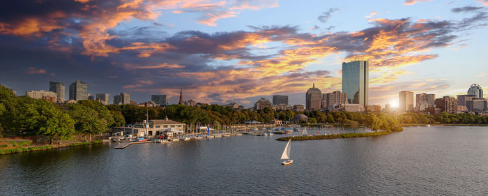 Panoramic view of river and buildings against sky during sunset