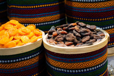 Close-up of various fruits in bowl at market