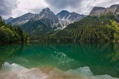 Scenic view of lake and mountains against sky