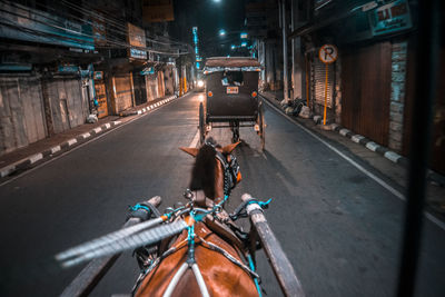 Horse cart on road at night