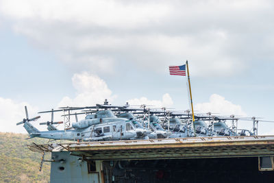 Low angle view of flag against sky