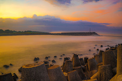 Tetrapods or breakwaters on the glagah beach, kulonprogo, indonesia during sunrise