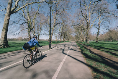 Man riding bicycle by bare trees in park