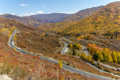 High angle view of mountain road during autumn