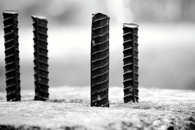 Close-up of rebars mounted in concrete wall