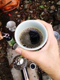 Close-up of hand holding coffee cup