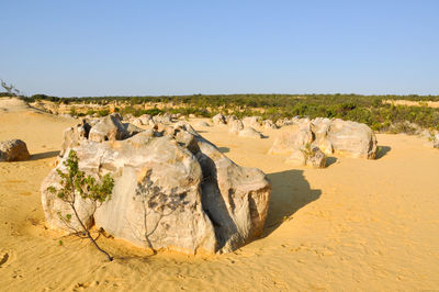 Rock formations on field against clear sky