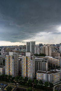 High angle view of buildings in city against sky