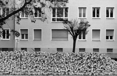 Tree in front of a house facade and a pile of bricks