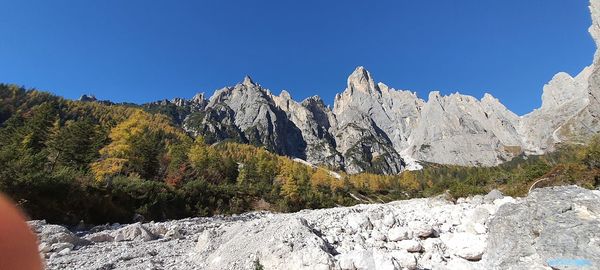 Scenic view of snowcapped mountains against clear blue sky