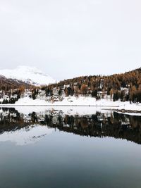 Scenic view of lake by snowcapped mountains against sky