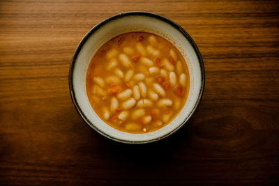 High angle view of soup in bowl on table