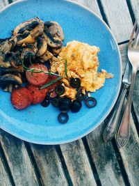 High angle view of breakfast served on table